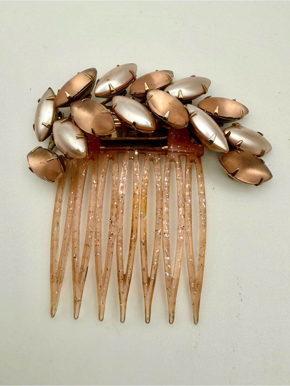 Vtg 1950s Tilco Hinged Contour Hair Comb Pink Cabochon Gold Glitter